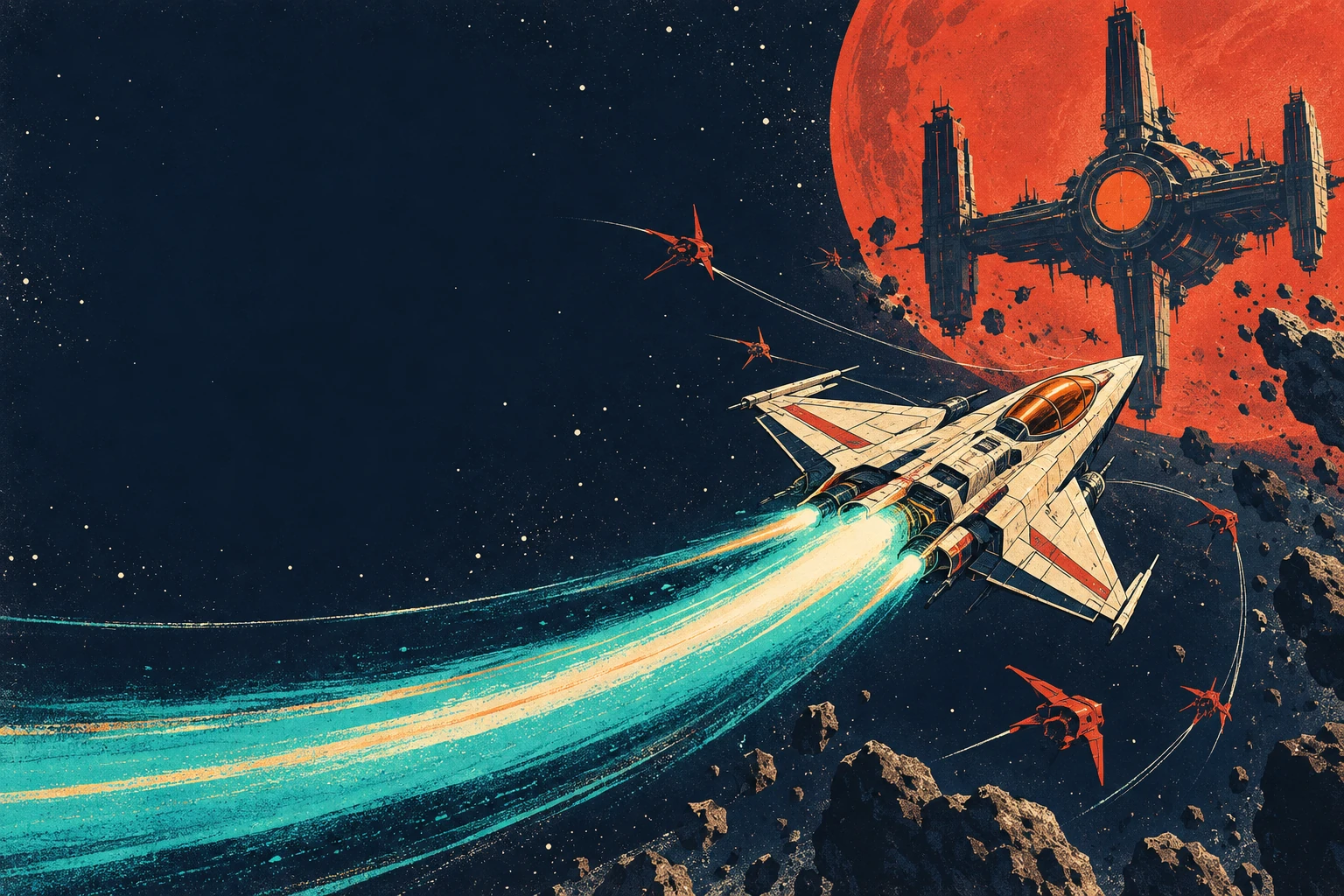 An ivory fighter carving a turquoise wake towards an orbital carrier beneath a red planet